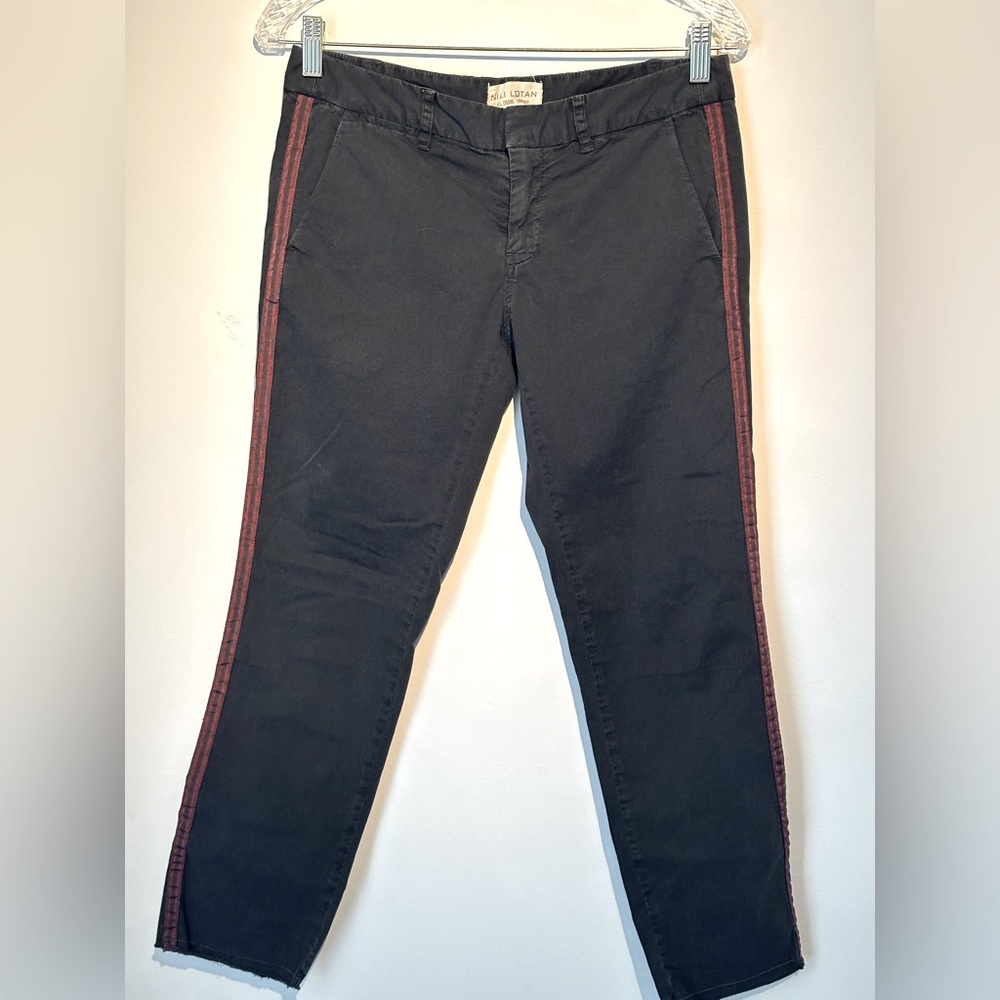 Nili Lotan Black Pants with Burgundy Side Stripe, Size 2.